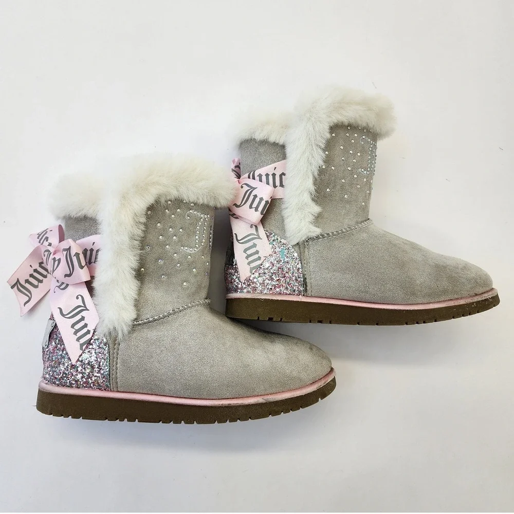 Juicy Couture Claremont Grey Faux Fur Glitter Bow Boots Girls‎ Size 2M